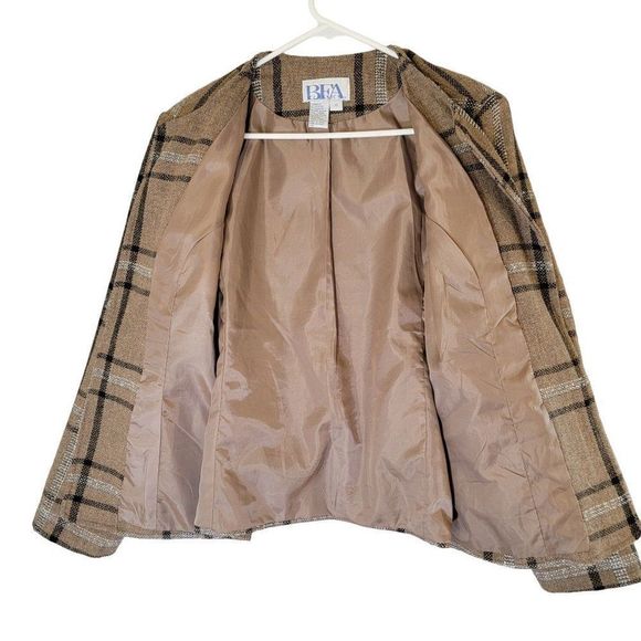 BEA Classics Wool Blend Open Blazer Womens 12 Vintage Neutral Plaid Fully Lined - Picture 4 of 11